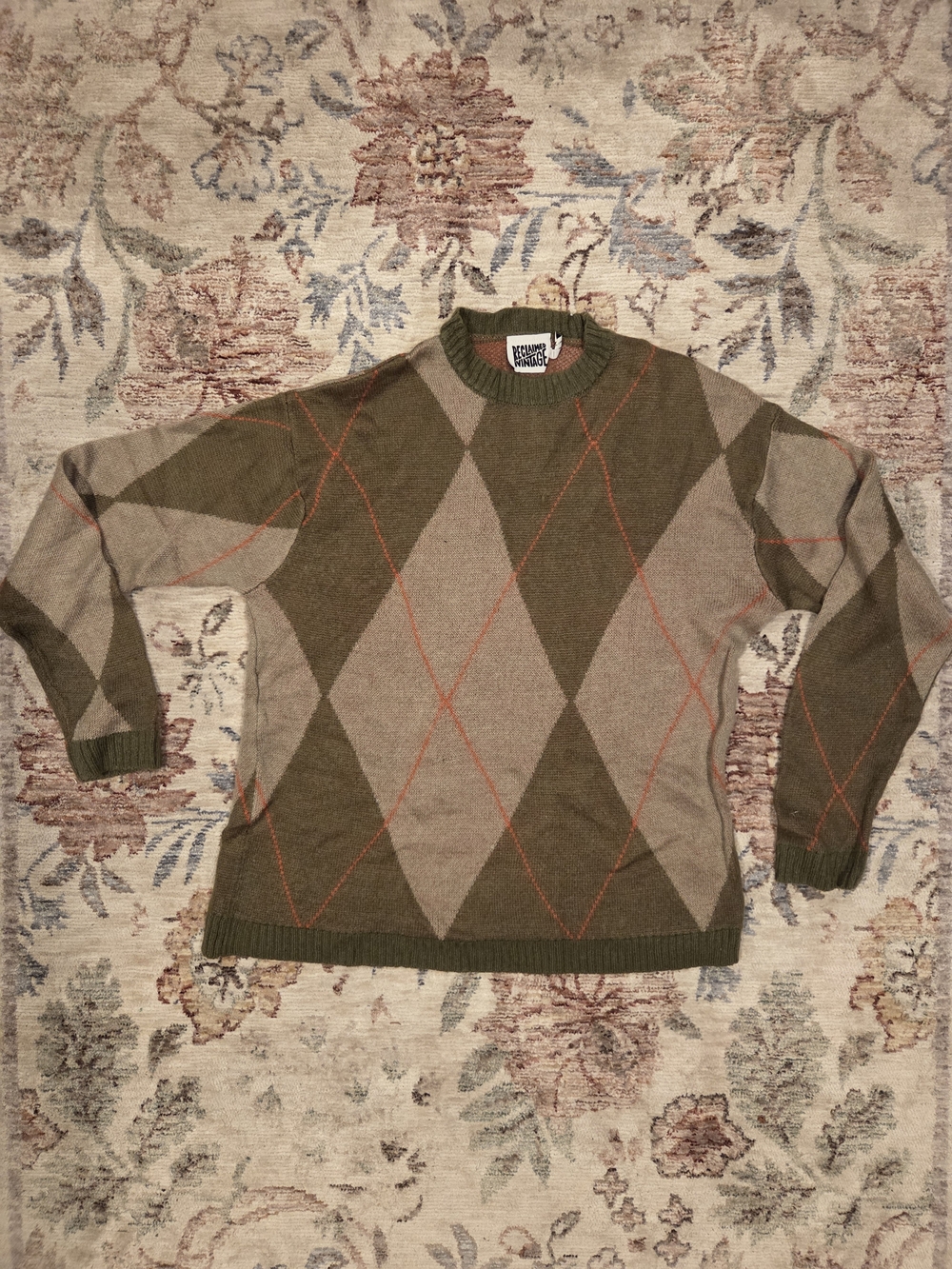 Reclaimed Vintage Olive and Tan Argyle Crewneck Sweater